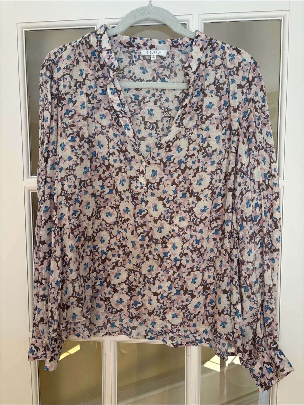 Z Supply Taupe Floral V-Neck Blouse with Blue Accents